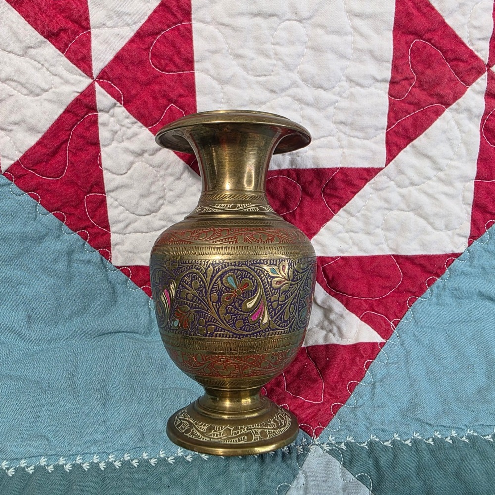 Unbranded Etched Brass Bud Vase Small Gold Floral Enamel Cloisonne Style